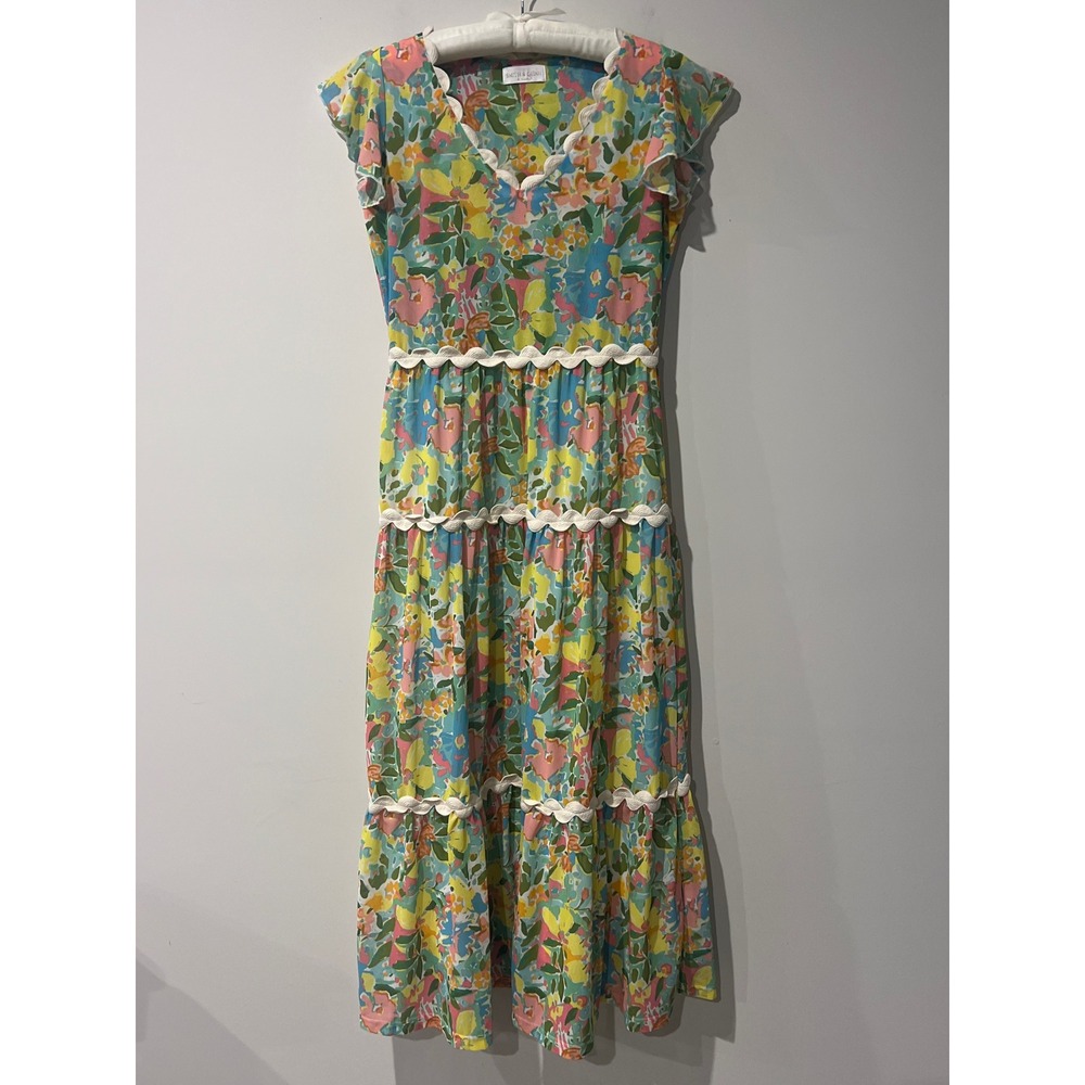 Smith & Quinn Floral Tiered Dress Flutter Sleeve Whimsical Garden Party Size XS